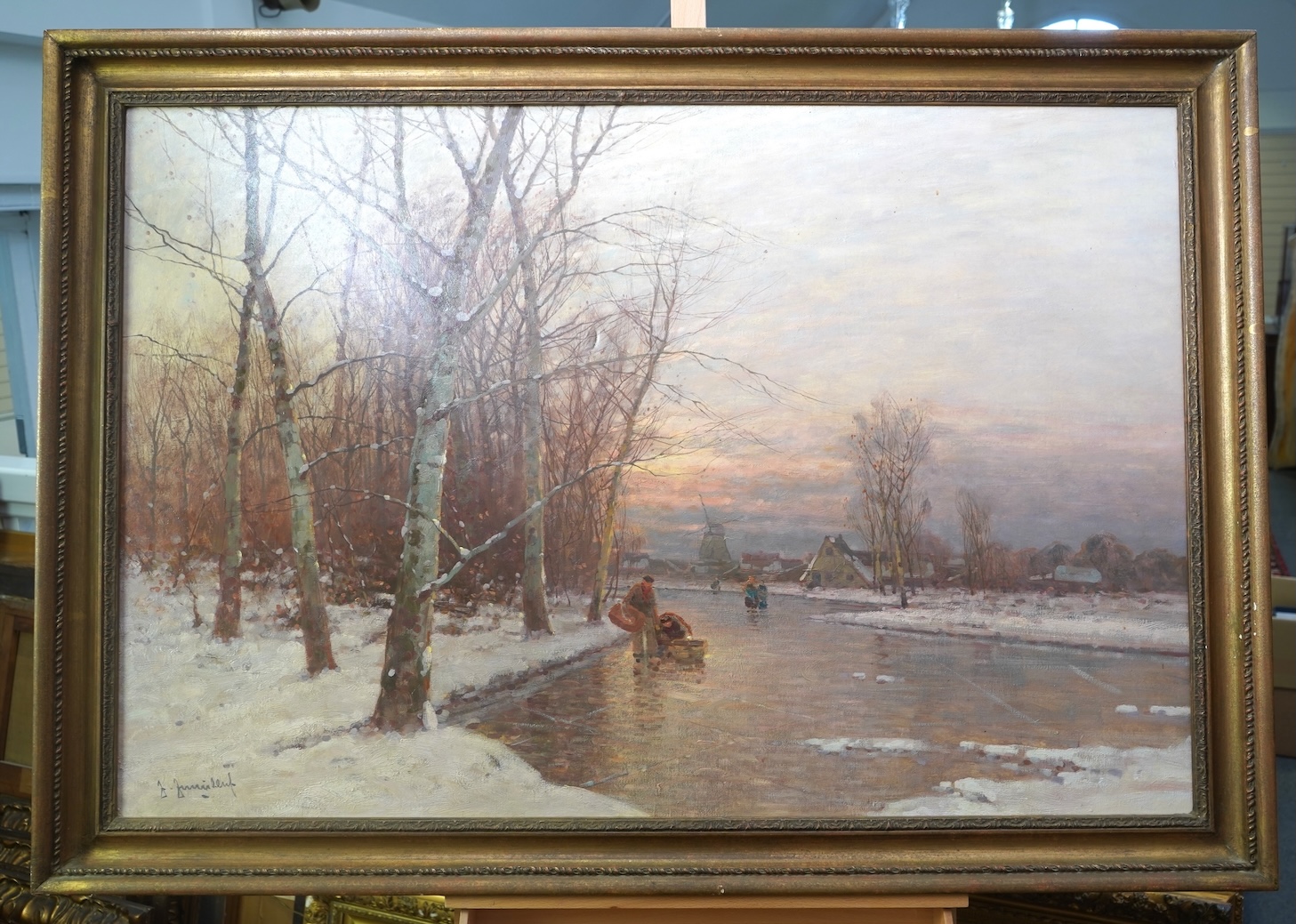 Johann Jungblut, German 1860-1912, Snowy riverscape with figures skating